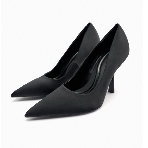 ZARA BLACK SATIN POINTED TOE HEELS - Picture 1 of 9